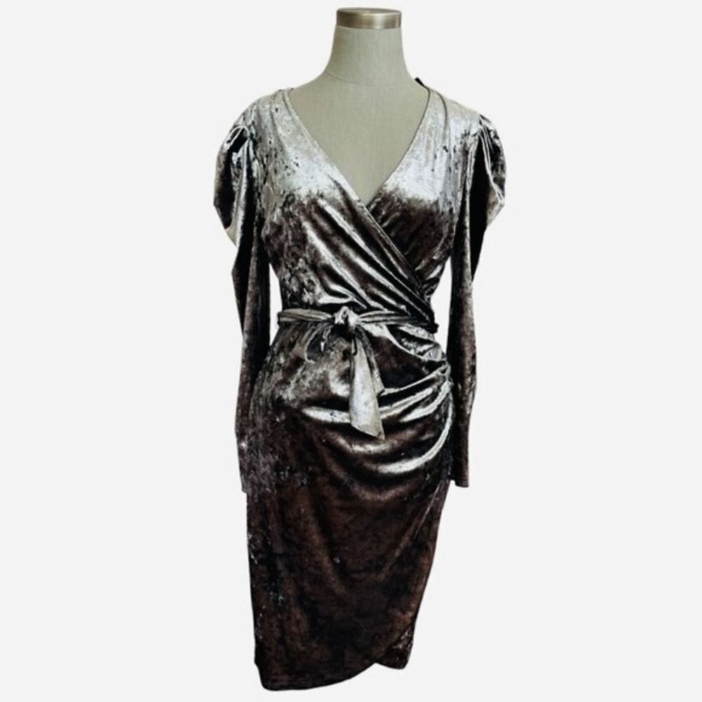 INC International Concepts Silver Velvet Wrap Dress M Puffed Sleeve Lined NWT - Picture 6 of 11